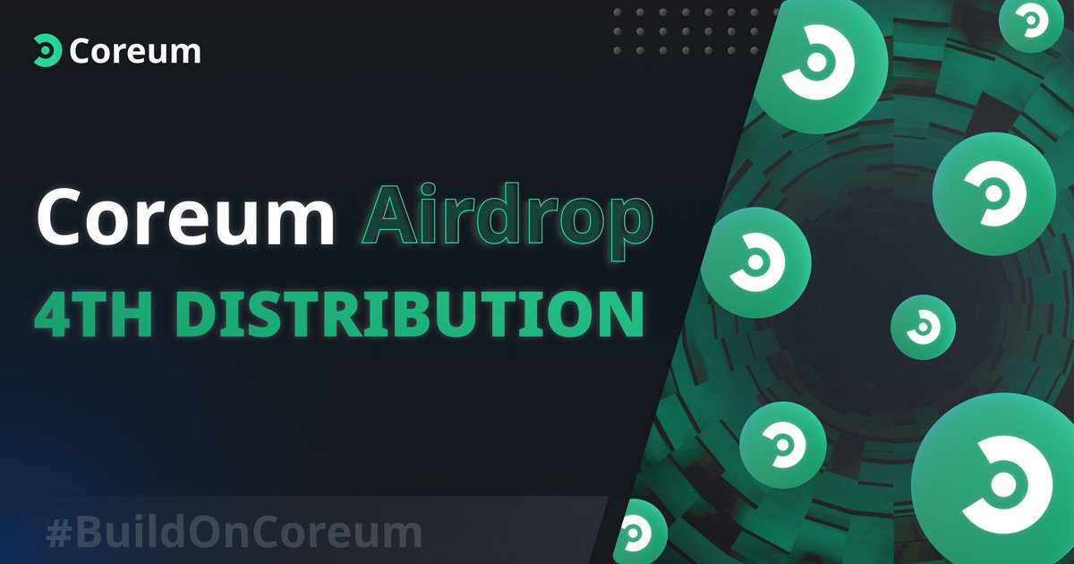 The 4th and final $COREUM airdrop distribution has started!

✨ Expect completion within 2-3 days.

✨ Track the transactions in real-time ⤵️

bit.ly/3Sj6hbX

#BuildOnCoreum #GreenMeansGo