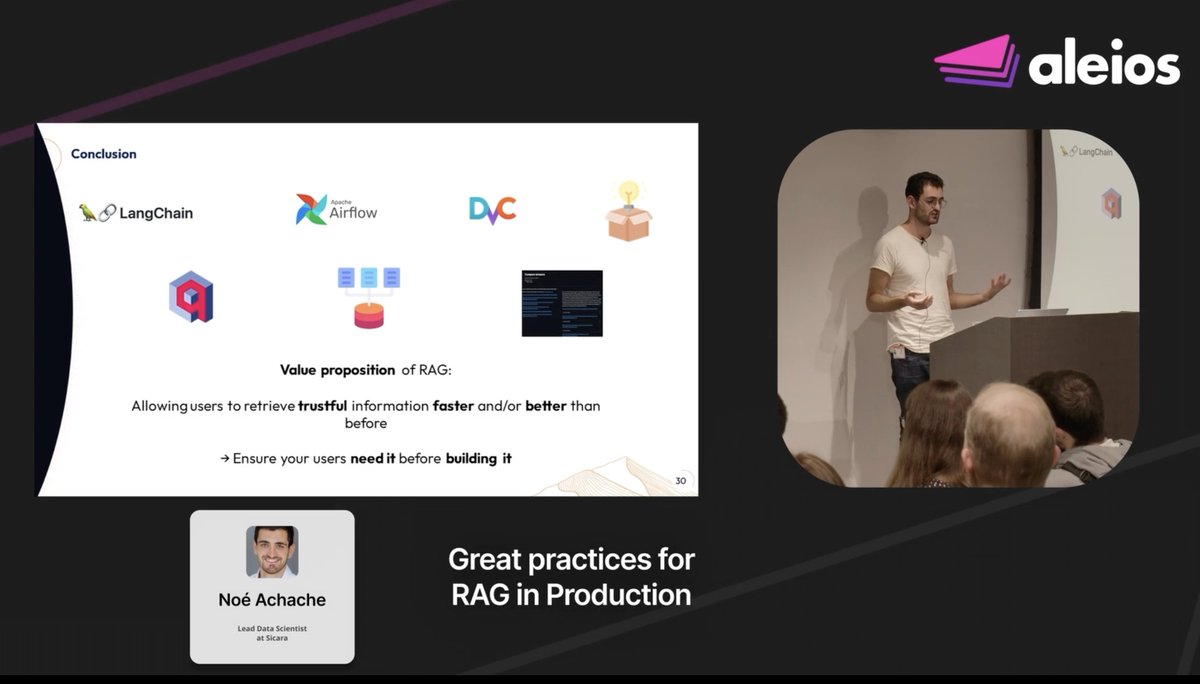 Want to learn more on deploying RAG (Retrieval Augmented Generation) in Production with: - @LangChainAI for a quick start - @qdrant_engine - @ApacheAirflow And for iterations: - @streamlit - @DVCorg Replay of my talk at GenAI London: aleios.com/talks/great-pr… cc @mattzcarey