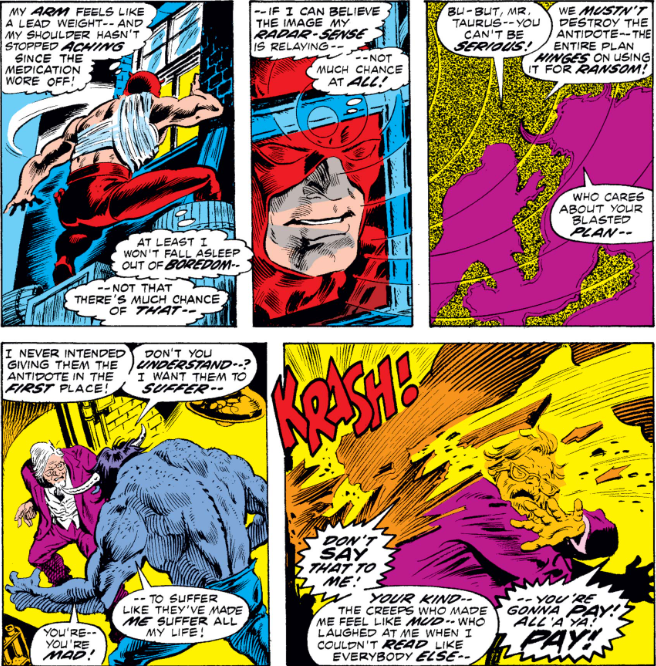 MarvelADay's tweet photo. #MarvelADay #DD96 No injury is going to sideline our hero! He busts out of the hospital with Paul Carson's help. They follow a tip concerning the firearm used on DD and actually manage to stumble upon Man-Bull in his lair! - VA https://t.co/FDqaBJoHt0