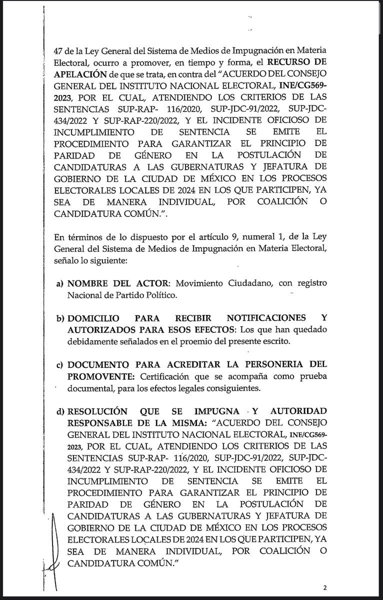 hamlet_almaguer's tweet photo. Movimiento Ciudadano impugnó el Acuerdo del INE que obliga a los partidos políticos a postular 5 mujeres a las gubernaturas.

Dice MC en su demanda (p.48) que la paridad sólo aplica para candidaturas municipales y no para gubernaturas.

Saben que si el acuerdo del INE sobrevive tendrían que postular mujer en Jalisco por competitividad.