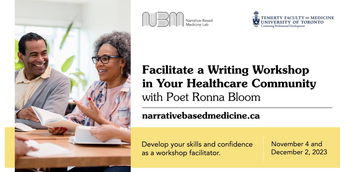 ⏰ This week! Learn to facilitate #writing #workshops in your own #healthcare community in this intensive, two-part training led by @ronnabloom. ✍️ Develop your skills and confidence as a workshop facilitator. 📅 Starts November 4 📍 Online 🔗 narrativebasedmedicine.ca/offering/facil…