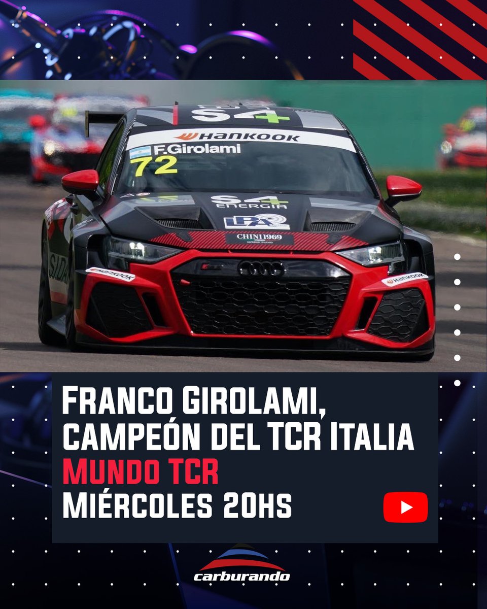 CarburandoTV's tweet photo. 📺🔥 ¡Nuevo episodio de #MundoTCR!
Esta noche, el protagonista es @frangirolami, que se consagró campeón del #TCRItaly este pasado fin de semana en Ímola. No te pierdas el programa, desde las 20hs por YouTube.
👉 https://t.co/f22aUAIPs4 https://t.co/fkaHff2v6M