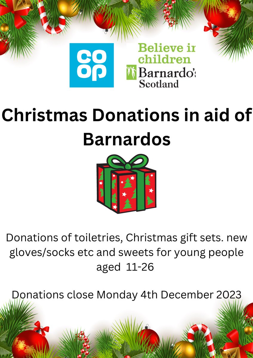 Daniel McKenzie (@daniel_mck) on Twitter photo #Stirling <a href="/coopuk/">Co-op</a> stores are having a Christmas Gift Drive for <a href="/BarnardosScot/">Barnardo's Scotland</a>. Please drop any donations as detailed in the picture into any of our Stirling store: Cambusbarron, Causewayhead or Pike Road. <a href="/HazelMcArthur2/">Hazel Turnbull</a> <a href="/HollyParkerCoop/">Holly Parker</a> <a href="/JackieBakerCoOp/">Jackie BAKER</a> <a href="/peterpalm18/">Peter Palmer</a> <a href="/andybDGM/">Andy Baird</a> #Stirling <a href="/coopuk/">Co-op</a> stores are having a Christmas Gift Drive for <a href="/BarnardosScot/">Barnardo's Scotland</a>. Please drop any donations as detailed in the picture into any of our Stirling store: Cambusbarron, Causewayhead or Pike Road. <a href="/HazelMcArthur2/">Hazel Turnbull</a> <a href="/HollyParkerCoop/">Holly Parker</a> <a href="/JackieBakerCoOp/">Jackie BAKER</a> <a href="/peterpalm18/">Peter Palmer</a> <a href="/andybDGM/">Andy Baird</a>