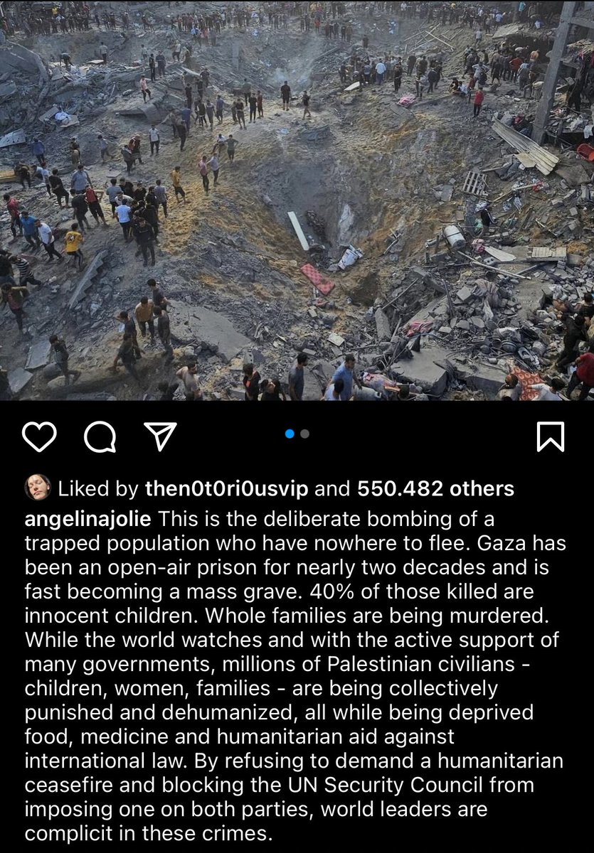 American actress Angelina Jolie over Israeli strike on Jabalia refugee camp:

This is the deliberate bombing of a trapped population who have nowhere to flee. 

Gaza has been an open-air prison for nearly two decades and is fast becoming a mass grave. 

40% of those killed are