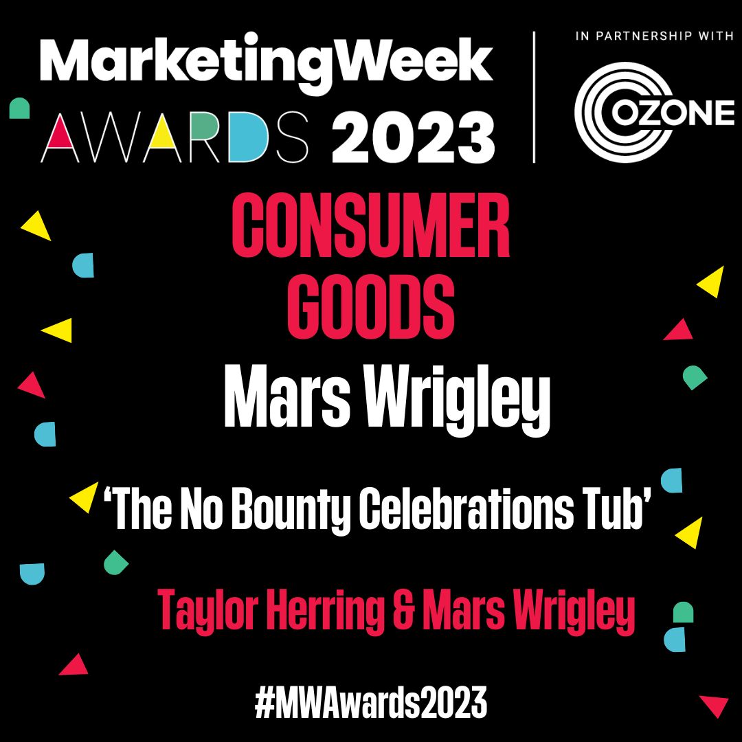 Congratulations to Mars Wrigley for taking home the Marketing Award for Consumer Goods for 'The No Bounty Celebrations Tub'! Agency:@TaylorHerringUK #MWAwards23