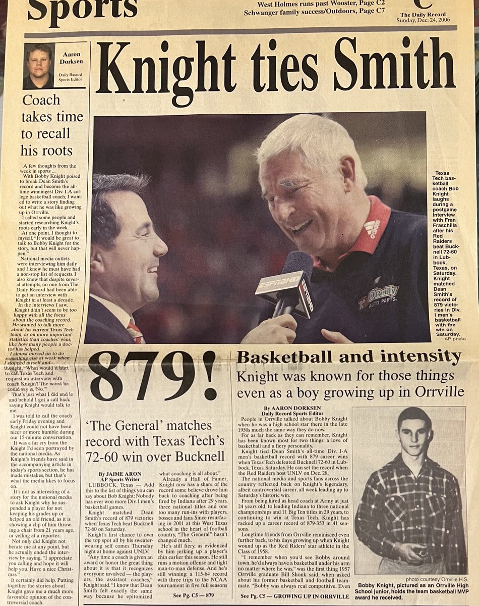 AaronDorksen's tweet photo. Bob Knight has died at age 83. RIP to a LEGEND from Orrville and a true coaching great. No matter how controversial Knight was viewed nationally, he was always great to Orrville and Wayne County. https://t.co/DXBEPGicWF