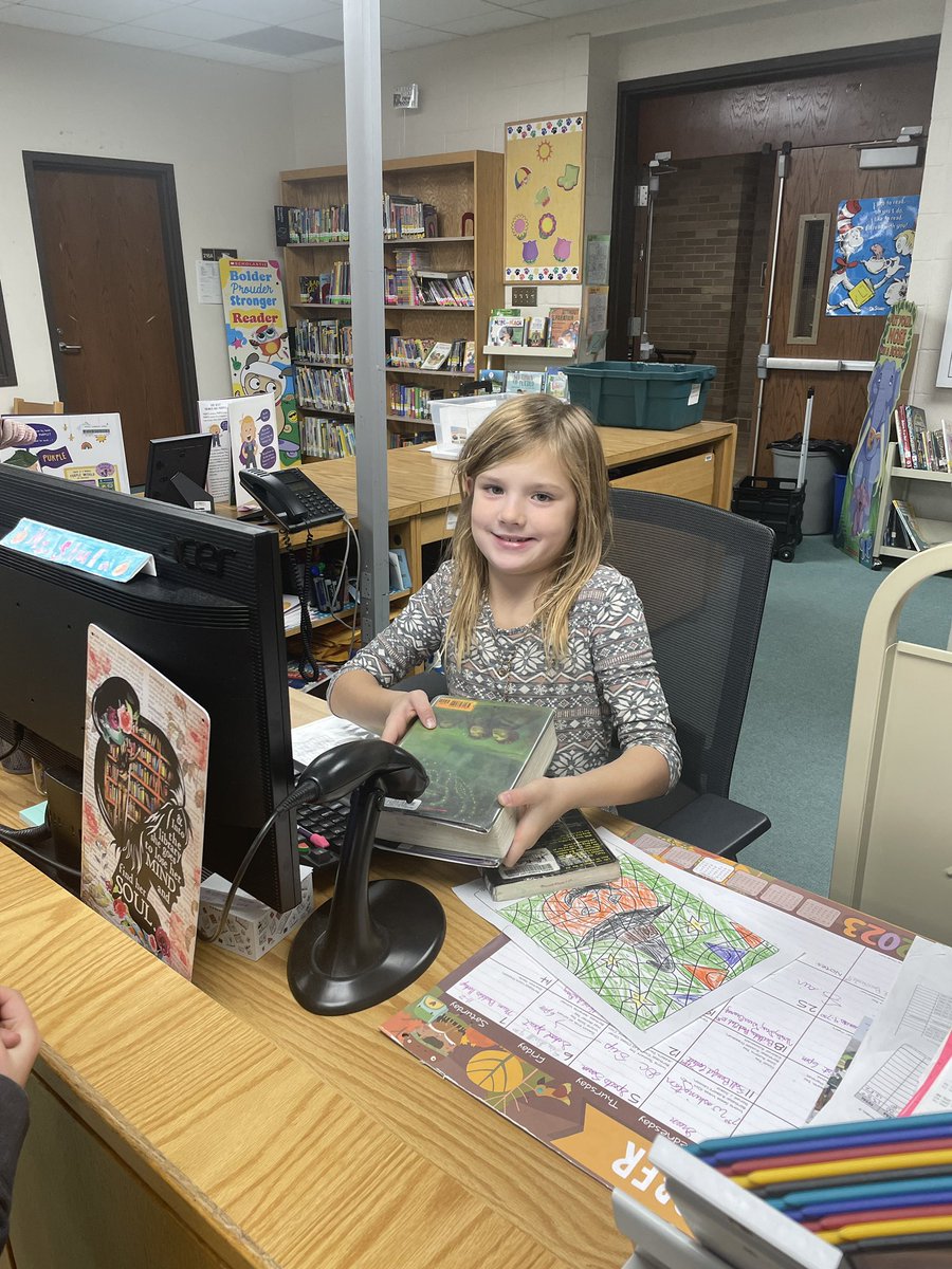 BissellLibrary's tweet photo. We welcomed our Read-a-Thon Librarian for the Day winner, Camryn Deimling, to the Bissell Library yesterday!  She read to her classmates and checked in and checked out books. https://t.co/jE9OpyXtpi