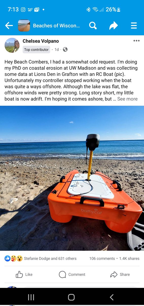 ChelseaVolpano's tweet photo. A sad day at sea (lake) when my #Bathycat went rogue. Strong offshore winds got the best of me and my RC boat is MIA. If you see an orange castaway on @LakeMichigan13 please contact me! Little guy has gotten me lots of good data and I'd love to get it back! #setadrift #savemyphd https://t.co/d2MtMiFvoT