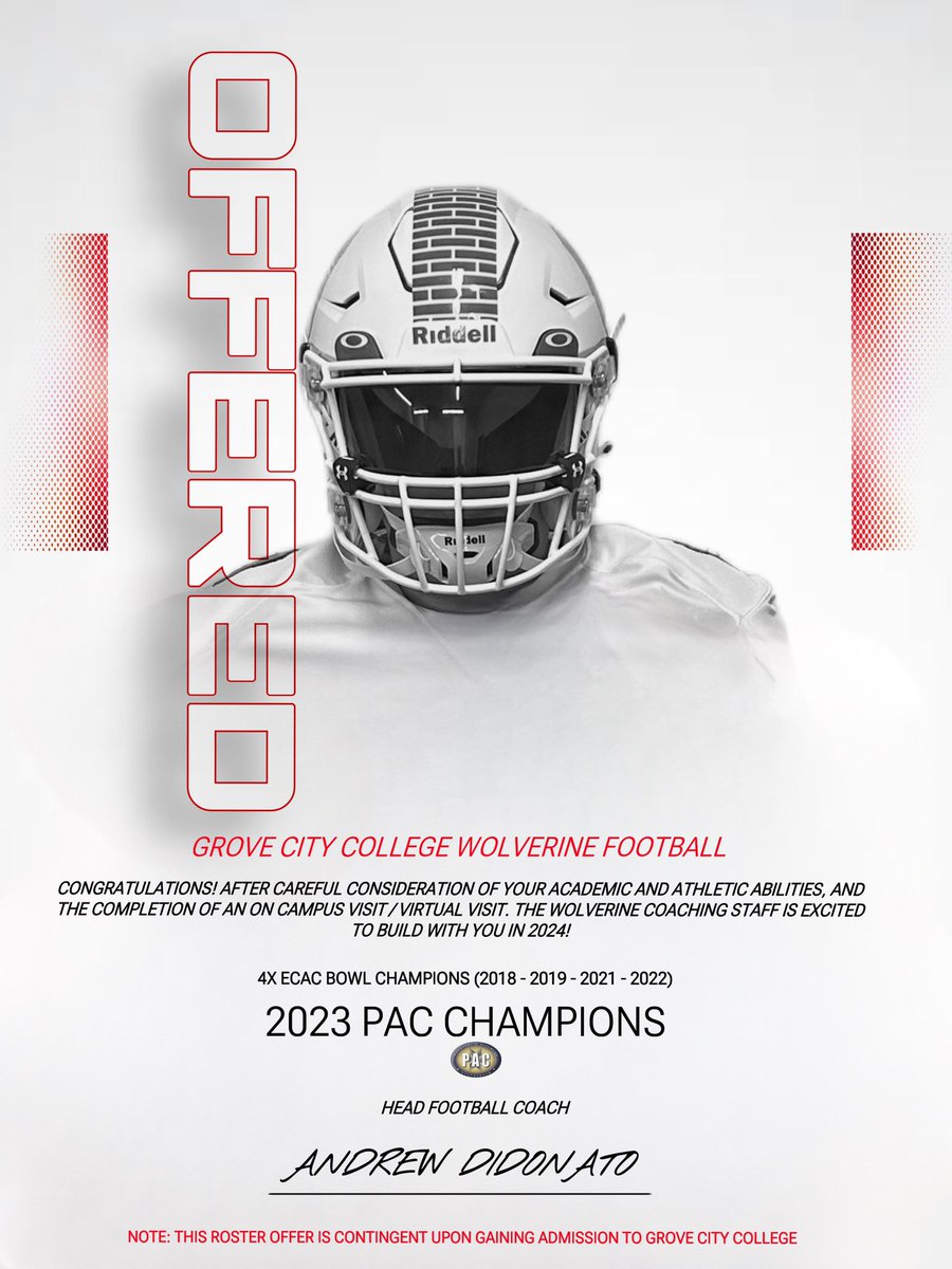 #AGTG Blessed and honored to have received an offer from Grove City College!
<a href="/GCC_FB/">Grove City Football</a> 
<a href="/CoachBaney/">Derrick Baney</a> 
@MCAFBRecruits 
<a href="/JamesWheelerMCA/">James Wheeler</a> 
<a href="/TappsFootball/">TAPPS Football</a>