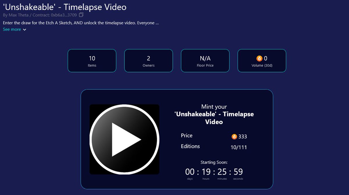 Everyone who mints an 'Unshakeable' Timelapse NFT will unlock the the timelapse video,

AND 

Be entered in a draw to win the physical artwork on display at <a href="/theta_con/">ThetaCon24</a> 

The winner will be announce on Nov 4th, at 6pm Austin time by <a href="/PopAndMags/">Pop & Mag's Pinecast</a>!!!

Mint opens tomorrow - 333 tf