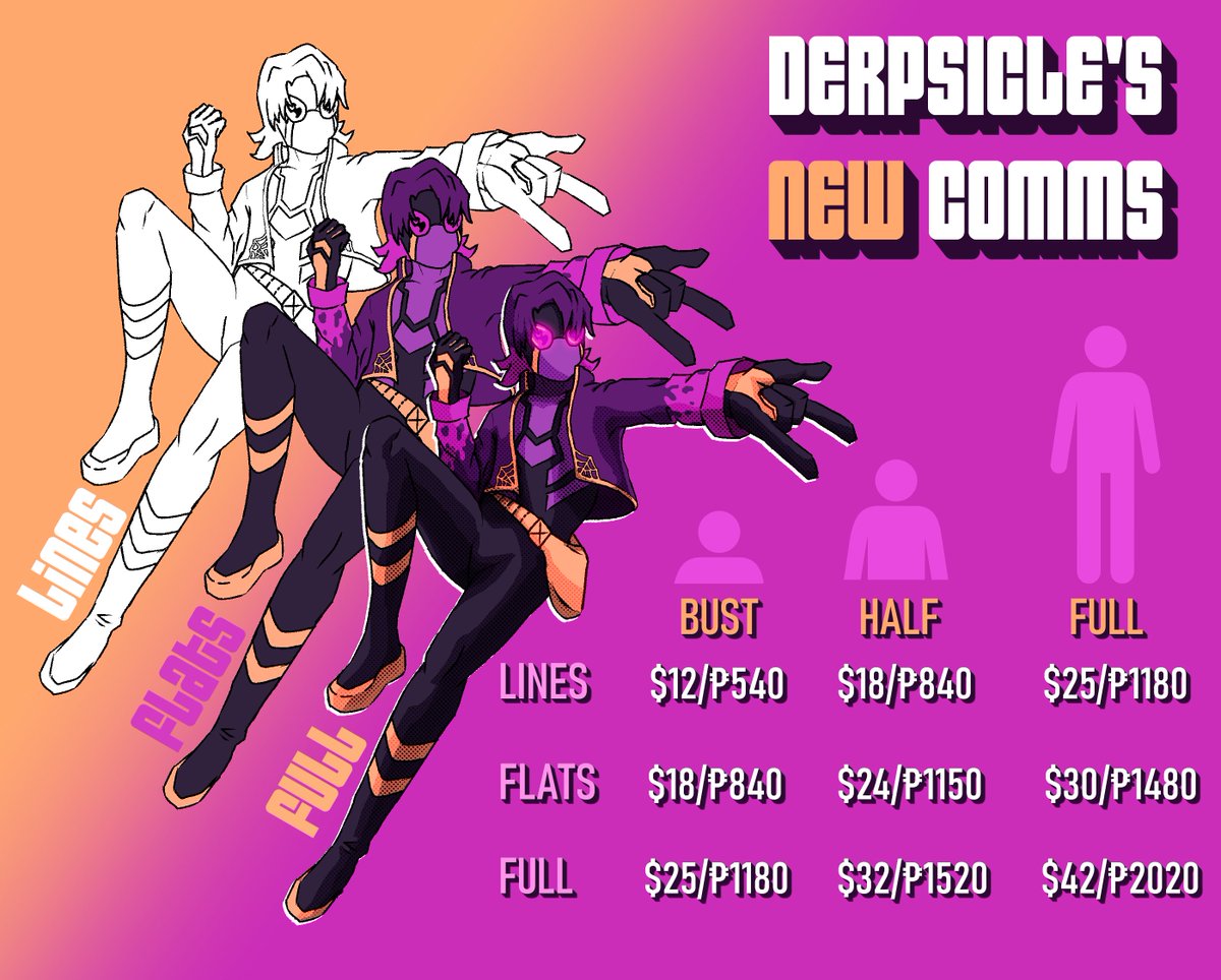 derpsiclee's tweet image. ✨C0MMISSIONS NOW OPEN✨ 

these are the base prices, though there are a few more add-on options in the carrd--dm me to reserve a slot (i'm opening 3), or ask questions  :&amp;gt;&amp;gt;

more info (+ PLS READ THE TERMS OF SERVICE) in replies !!  #commissionsopen #commissions