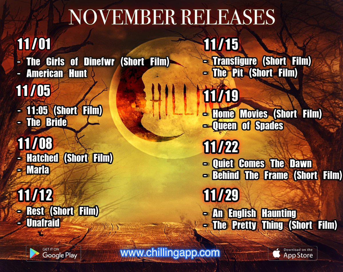 chillingapp's tweet photo. The Chilling November line up!
Stream n Scream Baby, Stream n Scream!
#chilling #novemberreleases #streamandscream #gobblegobblegobble https://t.co/XnFZpeI5W4