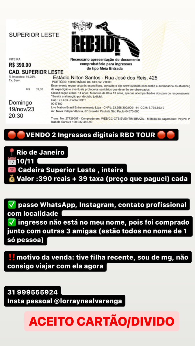 lorrayneacastro's tweet photo. #ingresso VENDO INGRESSO RBD (só tenho +1) faço a 380,00 https://t.co/83xyn20W8D