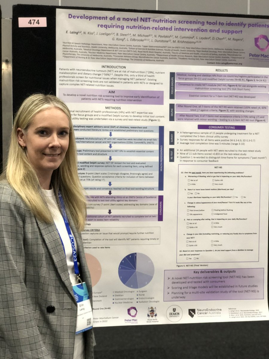 Let’s talk about NETs at #COSA23! Showcasing our novel and world-first NET specific nutrition screening tool, developed with experts and consumers from @PeterMacCC RNSH @NECA and @Deakin. Validation study to come…