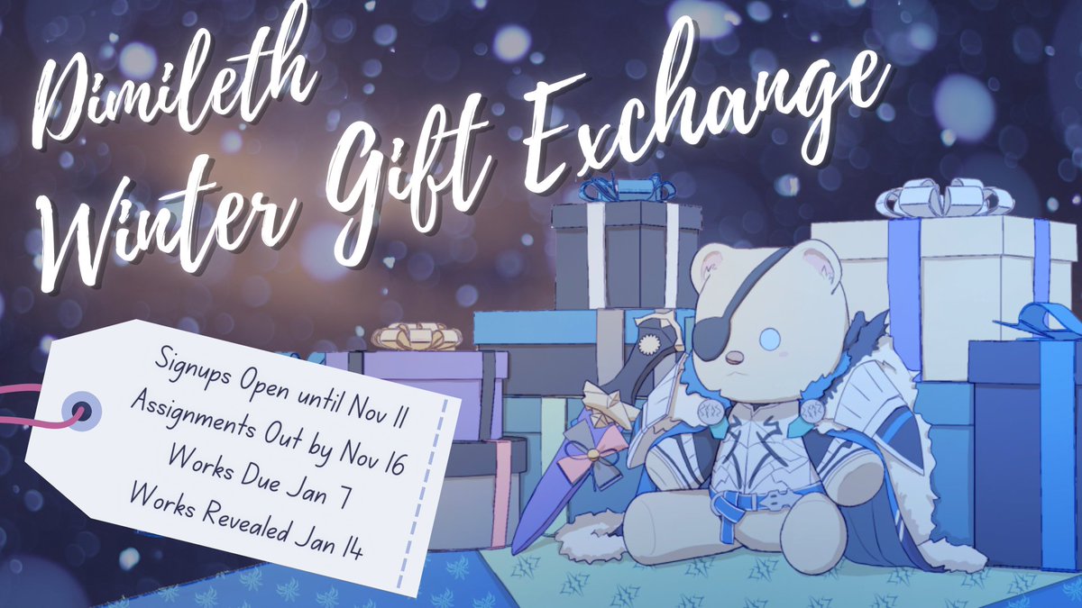Here it is - signups for Dimileth Winter Gift Exchange are open from now until Nov 11, 11:59 PM CST! For more information, check out our exchange carrd: dimilethwintergiftexchange.carrd.co/# Sign up here: archiveofourown.org/collections/Di…