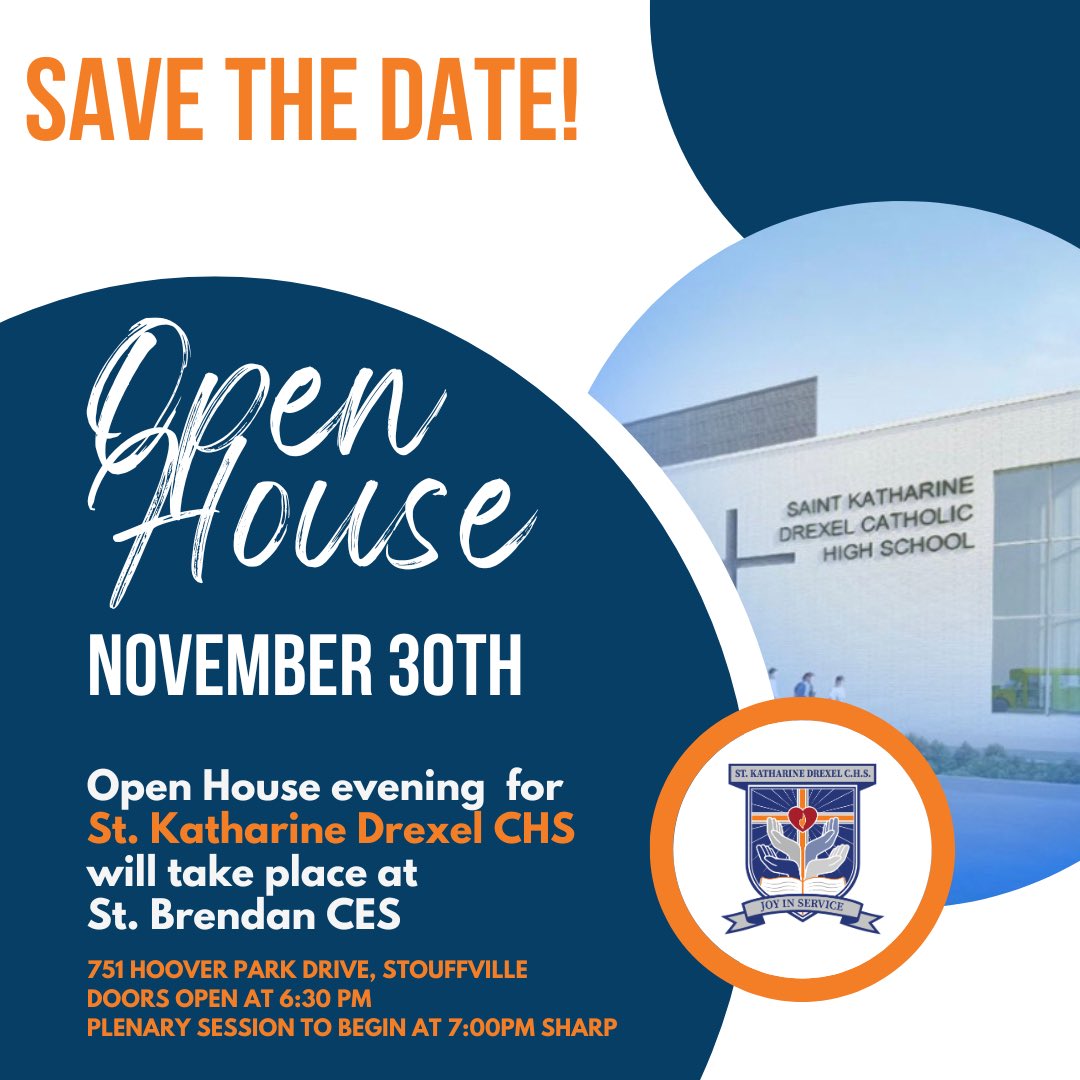 SAVE THE DATE! St. Katharine Drexel CHS will be hosting its Open House for all prospective students on November 30th. Our faculty looks forward to showcasing our student-centred and innovative approach to education. <a href="/YCDSB/">York Catholic District School Board</a> <a href="/ElizabethCrowe_/">Elizabeth Crowe</a> <a href="/DomenicScuglia/">Domenic Scuglia -</a>