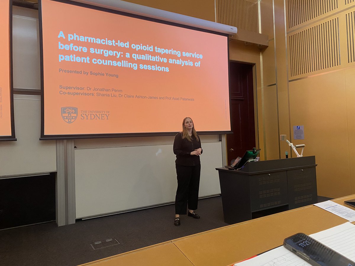 A great presentation by Sophie Young, BPharm honours student @Sydney_Uni, on patient experiences with opioid tapering before surgery @ShaniaLiu_ @sidpatan