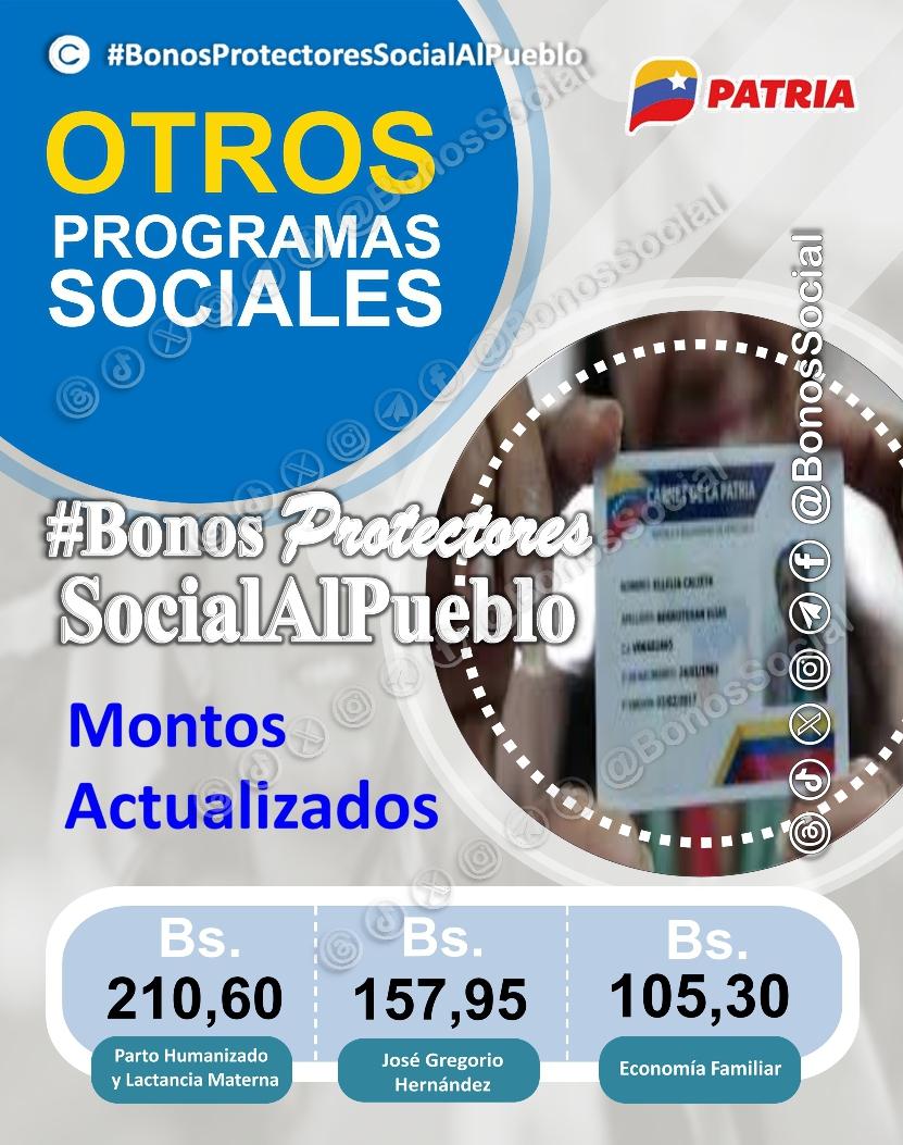 Otros programas sociales actualizados en el mes de (noviembre 2023) a través del #SistemaPatria.

✅ El Bono 💯% #Escolaridad quedó establecido en 105,30 y por cada niño y niña de edad escolar registrado en el hogar son 84,20 Bs.

<a href="/BonosSocial/">Bonos Protectores Social Al Pueblo</a>
#ArrancóLaRumbaDeLaNavidad