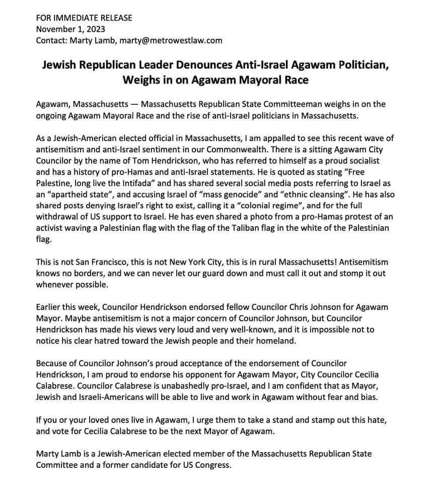 I stand with my fellow Republican State Committeeman Marty Lamb in denouncing this extremist Agawam Politician. #mapoli