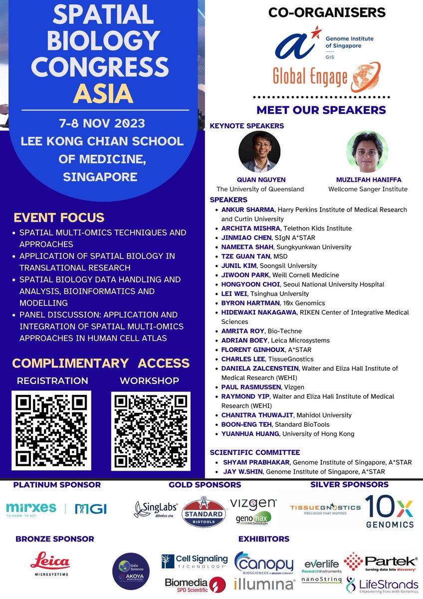 Spatial Biology Congress Asia 2023 #SBCA2023 starts in 5 days in Singapore. <a href="/Muzz_Haniffa/">Muzlifah Haniffa</a> <a href="/Quan_Nguyen_UQ/">Quan_Nguyen</a> and many more exciting speakers: latest technologies, data analytics, applications to cancer et al., panel discussion, industry partners. Registration:tinyurl.com/2hm6yu4z