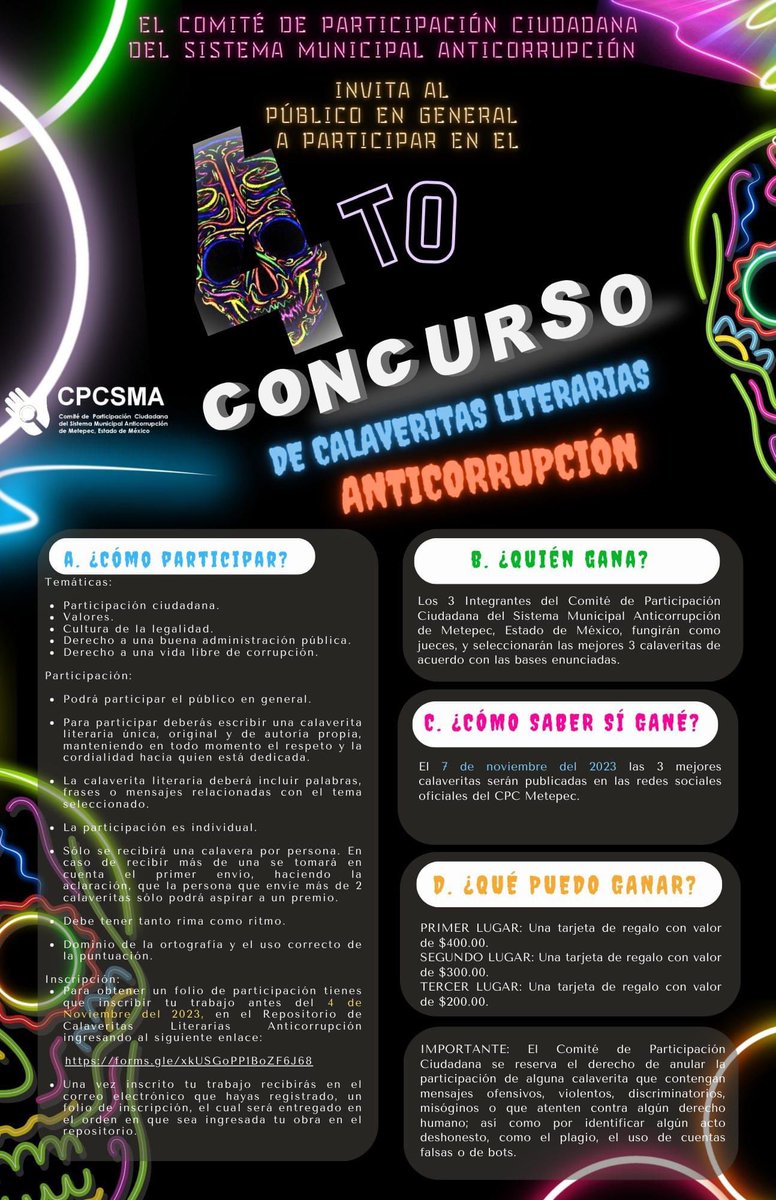 Participa en el 4to concurso de calaveritas literarias anticorrupción que el CPCMetepec organiza.

El día de ☠️ es una hermosa tradición mexicana que nos inspira a vivir la vida día con día.