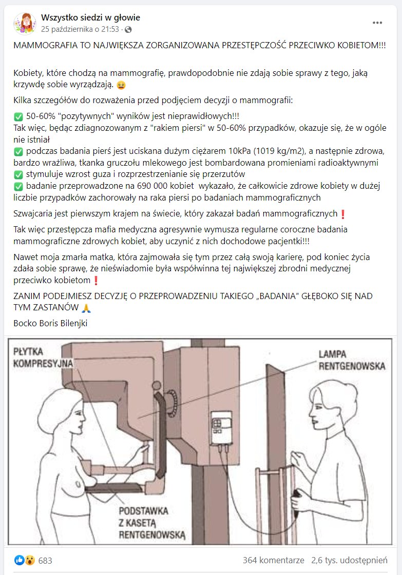 W mediach społecznościowych krąży szkodliwy wpis zniechęcający do badań mammograficznych.
Mimo że wykorzystuje fałszywe informacje, zawiera błędy językowe (tłumaczenie maszynowe) oraz nie powołuje się na żadne źródło poza nazwiskiem autora, jest on szeroko udostępniany 🧵[1/7]