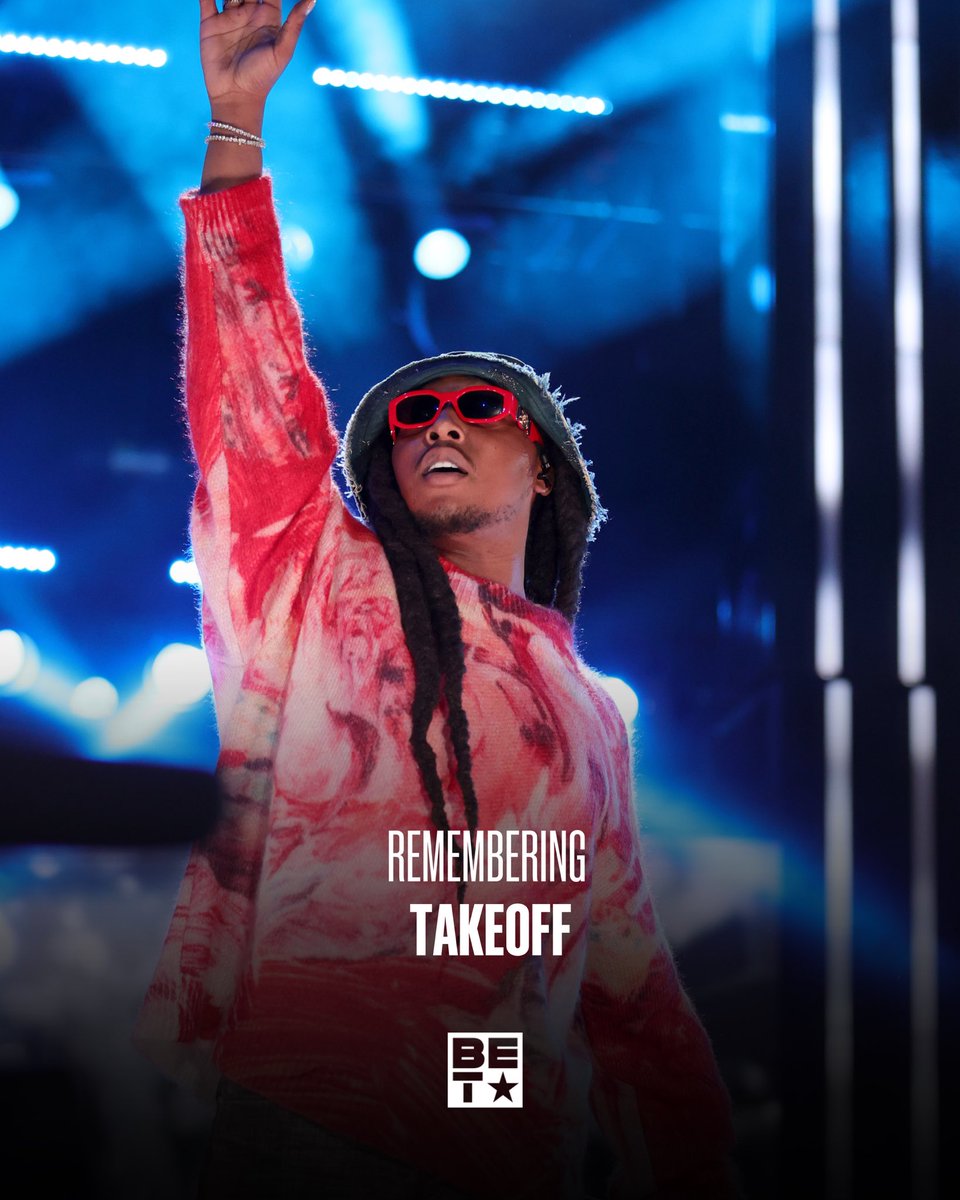 BET's tweet photo. One year ago, we lost our beloved Migo, Takeoff. The adlib king gave us hit after hit with the iconic Migos "triplet flow" and introduced an entirely new sound to Hip Hop. Rest easy to a Southern king and trap legend. 👑 Forever a handsome and wealthy YRN that always did it for the culture! 🔥 Share your favorite Takeoff verse in the comments. ⬇️ #BET #Migos #Takeoff