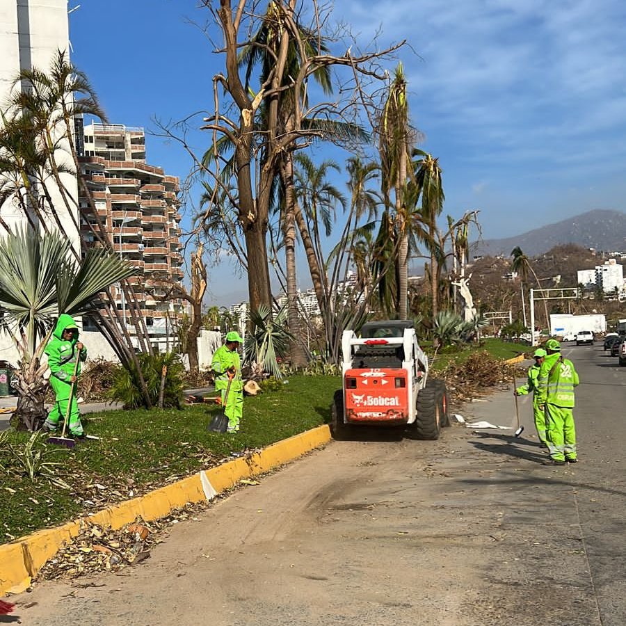 SOBSECDMX's tweet photo. Brigadas de Servicios Urbanos continúan brindando apoyo a las localidades de Guerrero afectadas por el huracán #Otis. Realizan labores de limpieza, como barrido y recolección de troncos, ramas y basura sobre Costera Miguel Alemán. https://t.co/vqBo3L57RY