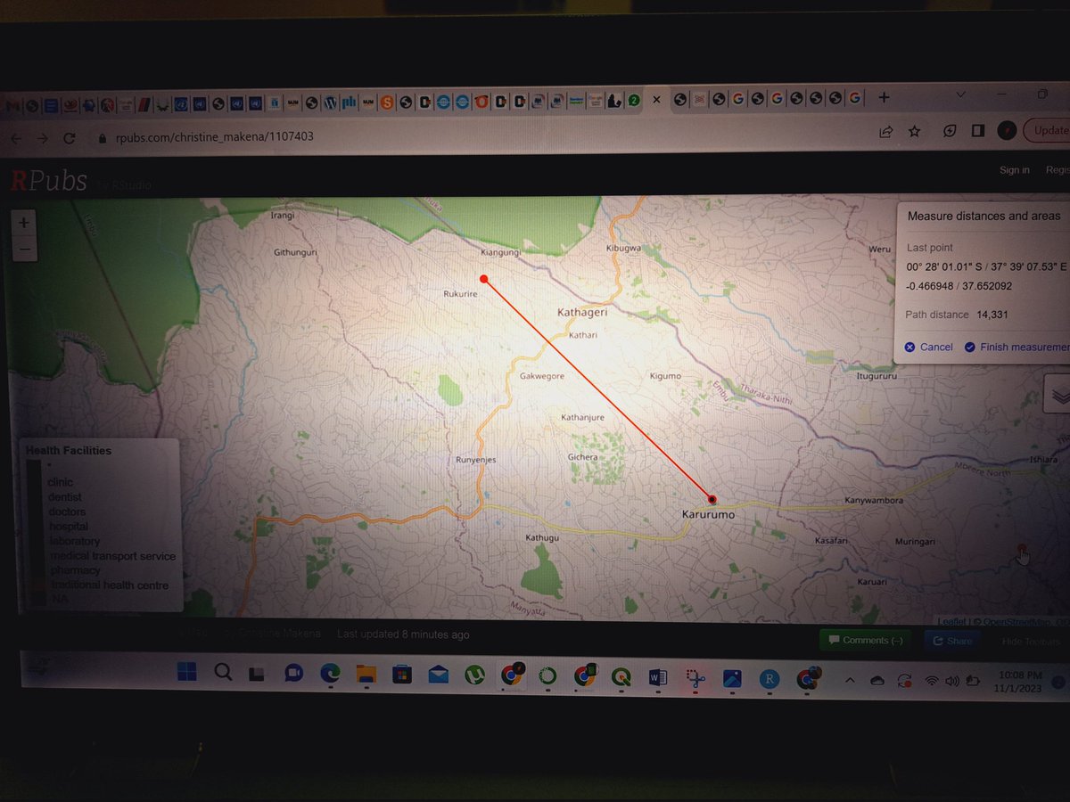c_maken_a's tweet photo. I created an  interactive #map showing #health facilities distribution in #Kenya  using R. I added a tool for measuring distances from one health facility to another, helping users to  identify the nearest facillities.

https://t.co/GQARSlBwEc

#Novemberchallenge #day1 https://t.co/3tHf7zwxYM
