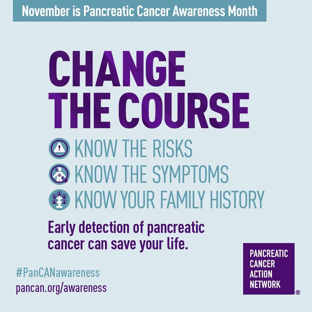 It's Pancreatic Cancer Awareness Month & I'm joining @PanCAN in raising awareness about this disease. Know the signs & symptoms, know your risk and know your family history ­– it can save your life. 💜 Learn more pancan.org/awareness #PanCANawareness