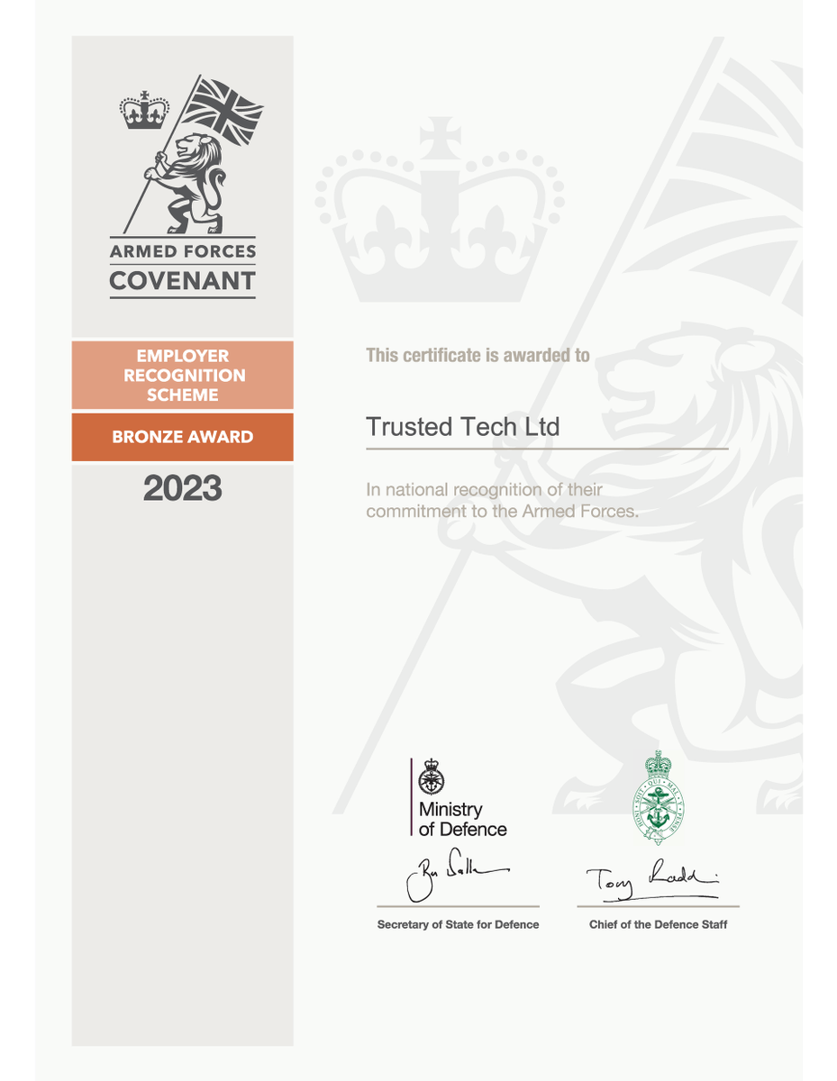 TrustedTech1's tweet image. I am absolutely chuffed to bits that Trusted Tech have received the Employer Recognition Scheme Bronze Award Certificate from the Armed Forces Covenant.
#armedforces #armedforcesfamily #militaryfamily