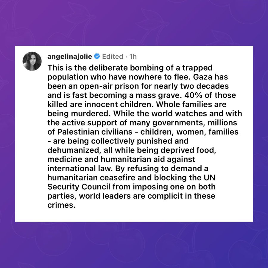 Jeff_Jacoby's tweet photo. Angelina Jolie doesn't rage when 1,300 Israelis are savagely massacred.
Doesn't rage when 240 hostages are abducted.
Doesn't rage when Arab states deny refuge to Gaza civilians.
Doesn't rage when Hamas calls for genocide.
She rages when Israel fights to protect itself. https://t.co/xTHk1CUqW2