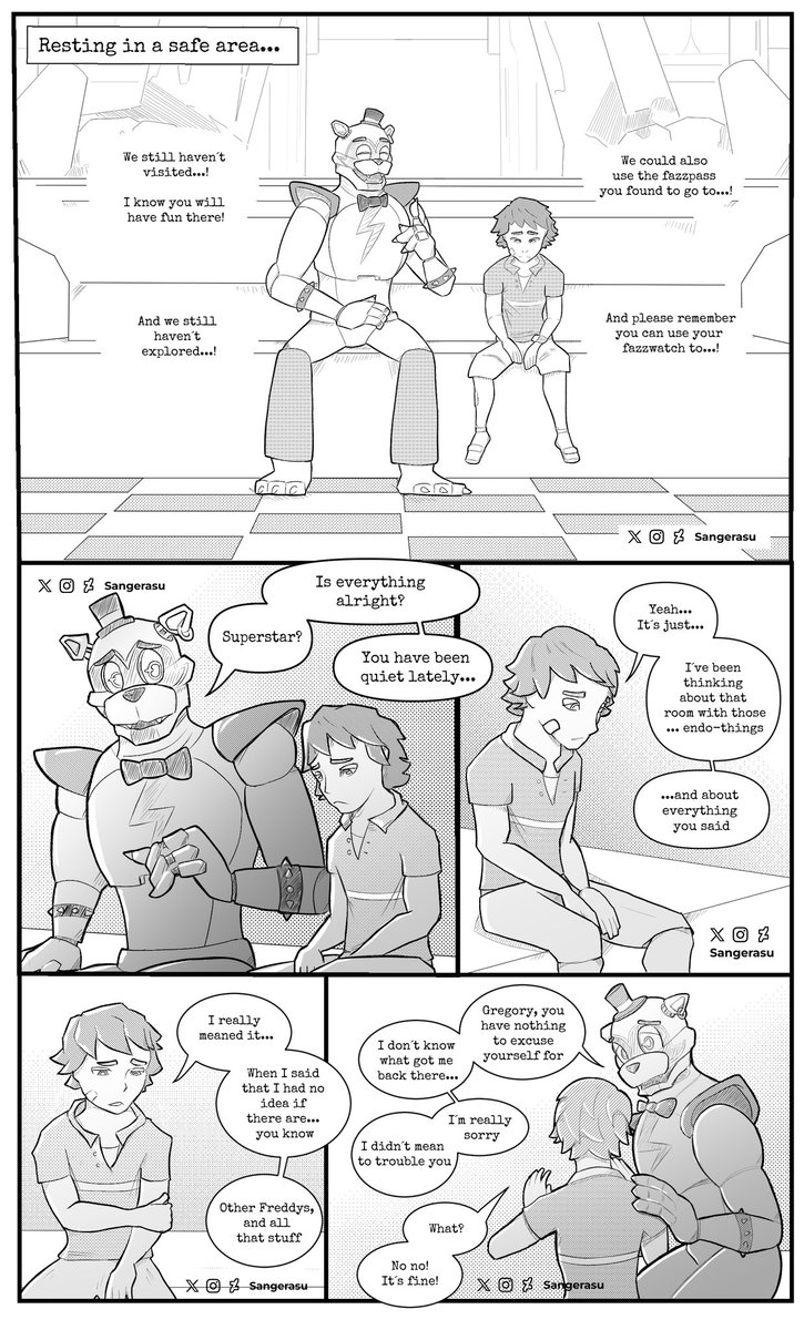 Carletouss's tweet photo. Finished my original #fnafsecuritybreach comic! Just in time for the #FNAFMovie! This is a continuation to the previous one I published, this time with a sweeter end. Please enjoy! ❤️

#fnaf 
#freddyfazbear 
#glamrockfreddy 
#fnaffanart https://t.co/cW2gw0fdmd