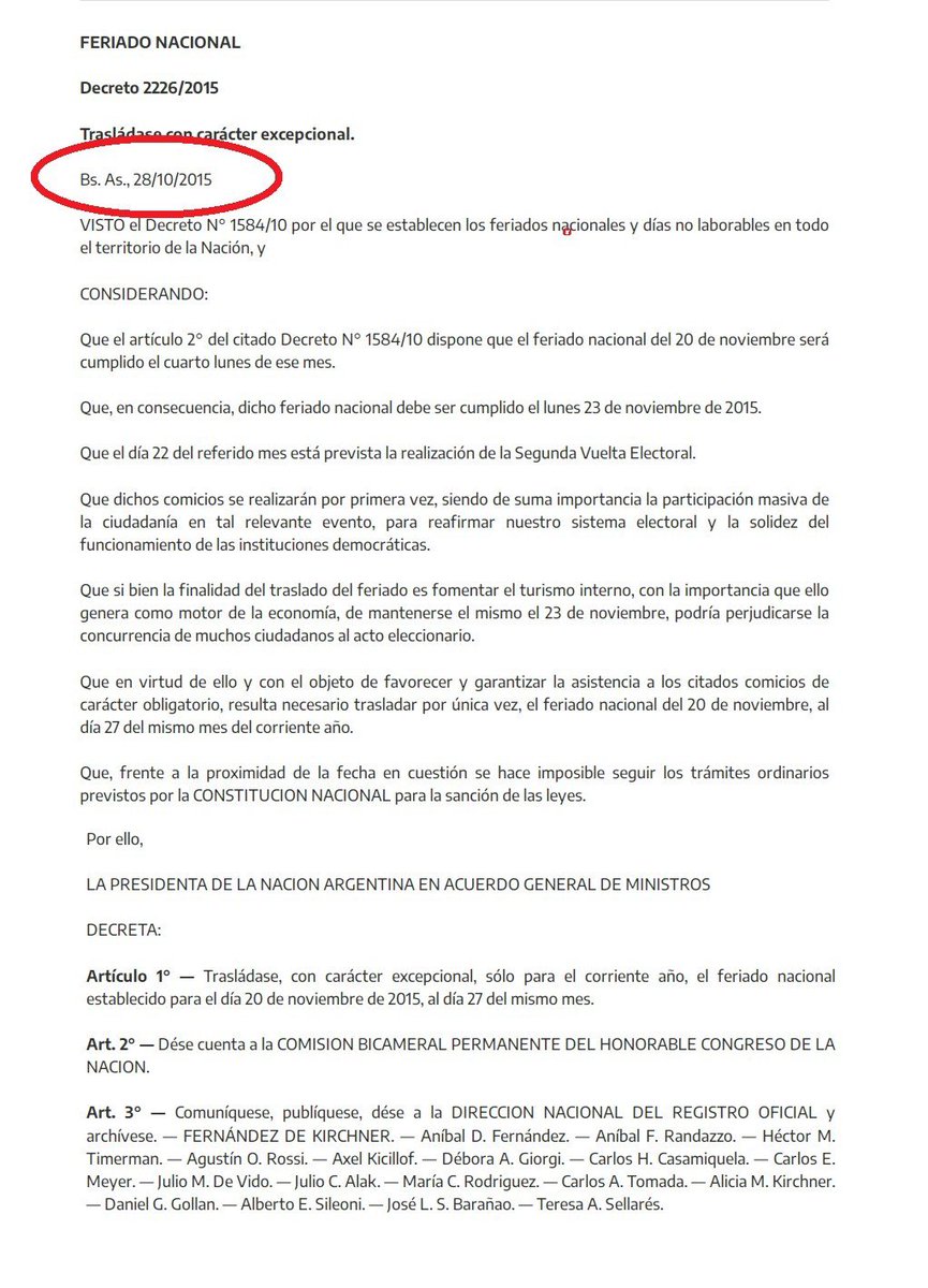 Massa dice que es tarde para modificar el feriado.
Pero observemos lo siguiente: el 28 de octubre de 2015, CFK y AGUSTIN ROSSI trasladaron por DECRETO el feriado a DÍAS de las elecciones.
Massa miente. Lleva la mentira en la sangre.
Cambien YA el feriado. No le censuren el voto a