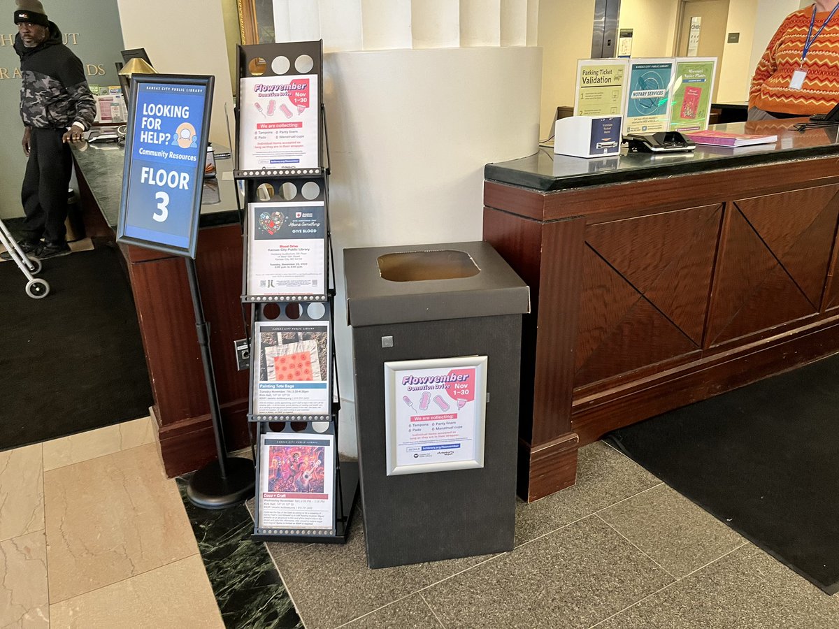 KCLibrary's tweet photo. Today is the first day of our #Flowvember Drive and our donation bins are ready! 

In partnership with Strawberry Week, all locations are collecting period supplies to be distributed for free in the community and in the restrooms of our libraries: https://t.co/D9FcYPJkmv https://t.co/IvjuqXe7mc