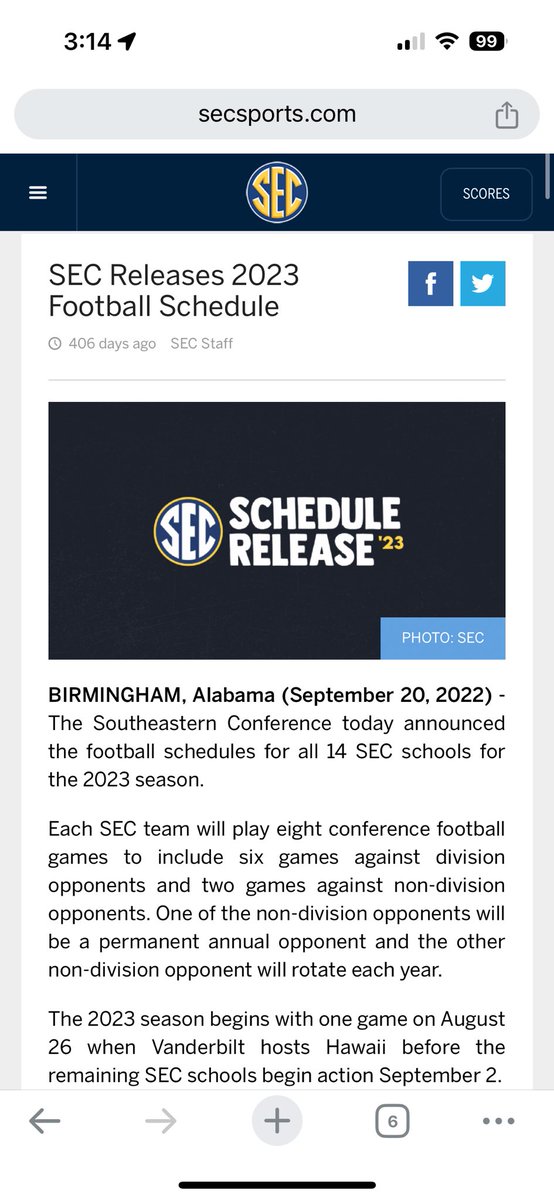 Joe_Rios's tweet photo. Last year, the @SEC announced the 2023 schedule on Sept 20.  Still no word on next year’s schedule.  Any idea on when the announcement is coming? @billyliucci @TexAgs https://t.co/2Kk88kUgjL