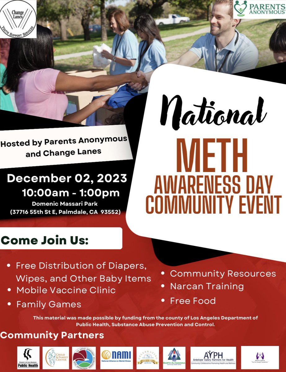 On December 2nd it is NATIONAL METH AWARENESS DAY!!!

Come joins us for the FREE distribution of diapers, wipes, &amp; other baby items, a mobile vaccine clinic, community resources from partners, Narcan training, FUN family games, and FREE FOOD!!! We hope to see you there!