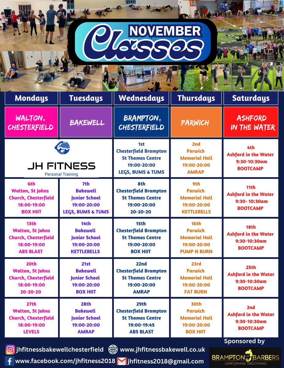 🔥November’s Fitness Classes🔥

💥For All Ages & Abilities💥

🎆5 Venues, different classes each week🎇  #jhfitnessbakewellchesterfield #fitnessclasses #lovechesterfield #fitnessinchesterfield #chesterfield #chesterfieldbusiness #chesterfieldfitness