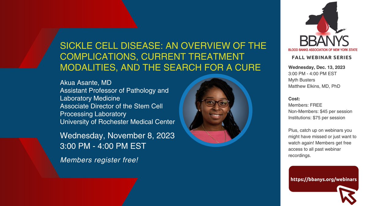 Dr. Akua Asante is an Assistant Professor of Pathology &amp; Laboratory Medicine @ the University of Rochester. Her clinical interests include the evaluation &amp; management of children &amp; adults w/ Sickle cell disease. Join Dr. Asante for the next BBANYS webinar: bbanys.org/event-5363843