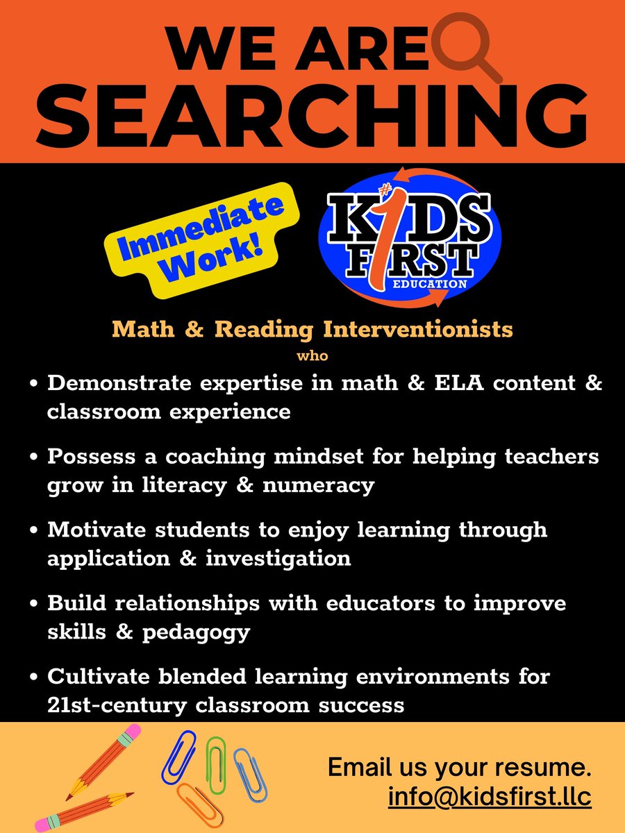 Calling ALABAMA Math &amp; Reading Interventionists! Please reach out to us today if you are interested in helping #Kids #WIN. Send your resume/CV to info@kidsfirst.llc or visit our website at kidsfirst.llc. 
#KidsFirst #KidsFirstAlways #ALDivision