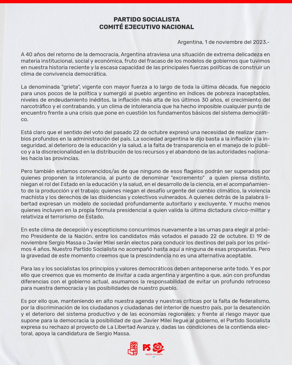 Nuestro Comité Ejecutivo Nacional, por unanimidad,  ante el riesgo para la democracia que representa la candidatura presidencial de Javier Milei, convoca a votar a Sergio Massa en el balotaje del próximo 19/11.