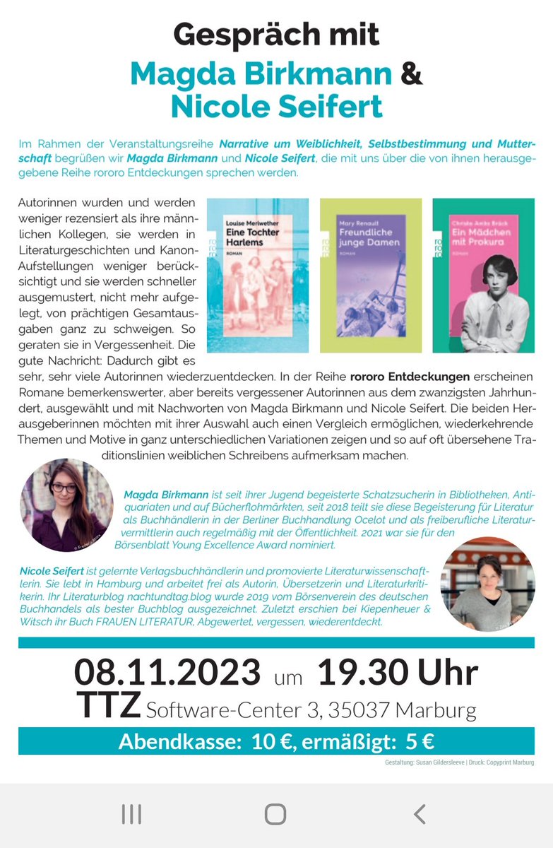 ForumLiteratur's tweet photo. Es sind wieder wunderschöne Flyer geworden für die Veranstaltung nächste Woche. Am 8. November kommen @magdarine und Nicole Seifert nach Marburg ins TTZ und sprechen ab 19:30 Uhr über die von ihnen gemeinsam herausgegebene rororo Entdeckungen Reihe. Karten an der Abendkasse. https://t.co/WTgSqqUfvm