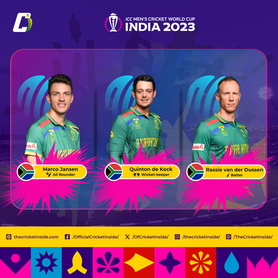 OfCricketInside's tweet photo. South Africa Cricket Team Players for ICC Men’s Cricket World Cup 2023

#WozaNawe #AlwaysRising #BePartOfIt #SouthAfrica #SouthAfricaCricket

#KeshavMaharaj #LizaadWilliams #LungiNgidi
#MarcoJansen #QuintondeKock #RassievanderDussen

#CricketTwitter #CricketWorldCup2023 #CWC2023 https://t.co/gtMpEcnZAV