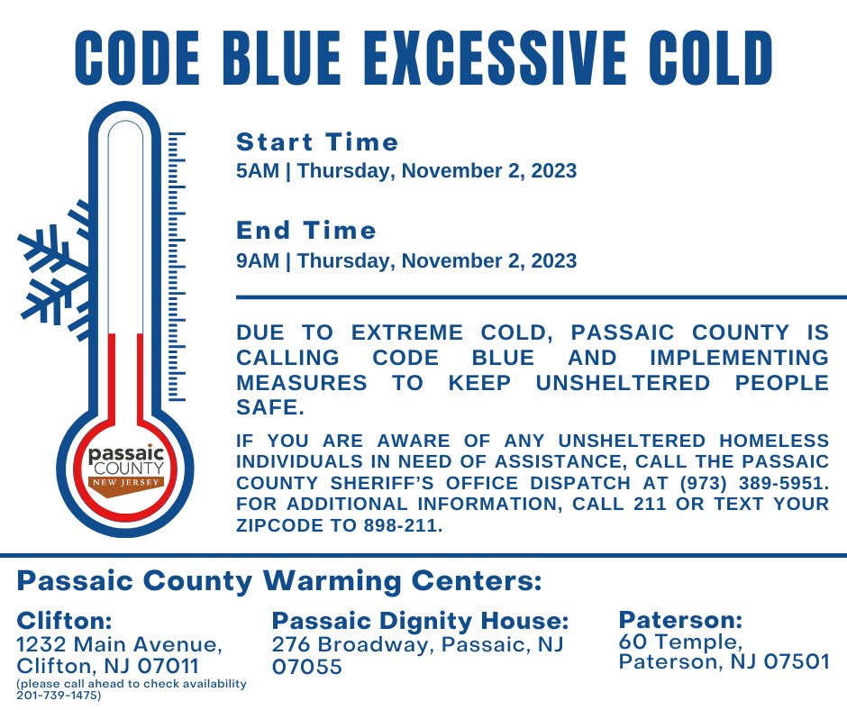 A #CodeBlueAlert is being issued for Passaic County. According to the National Weather Service (1) the temperature will reach 32 degrees Fahrenheit or lower; or (2) a windfall temperature of zero degrees Fahrenheit or less for a period of two (2) hours or more.