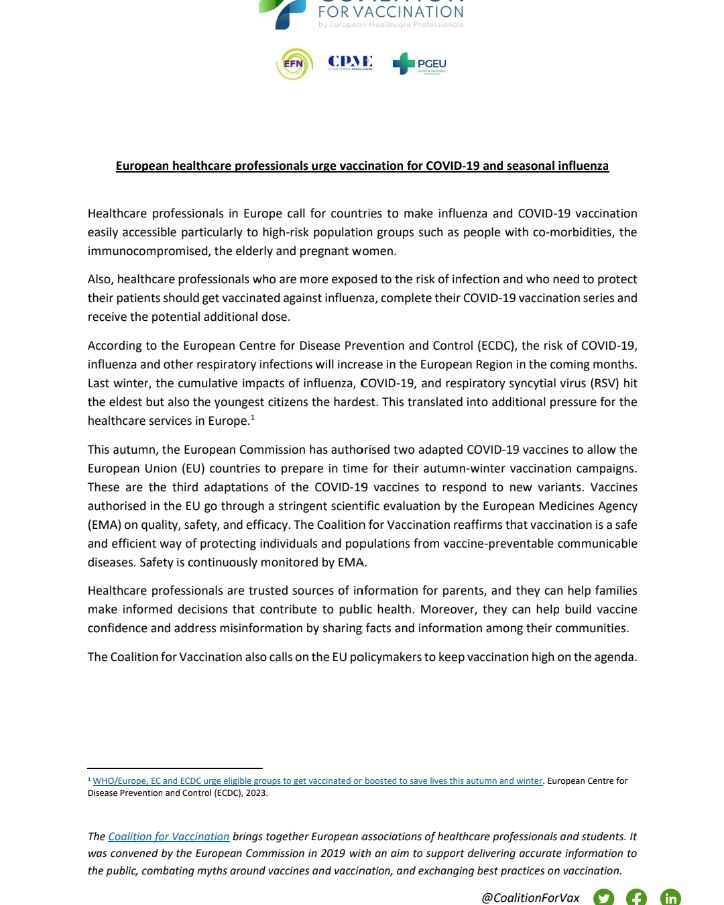 #European #healthcare #professionals urge #vaccination for COVID-19 and seasonal influenza. Read yesterday's #CoalitionForVaccination @CoalitionForVax press release: buff.ly/40lvAMs #CfV #VaccinesSaveLives #vaccines #influenza #flu #COVID19 #