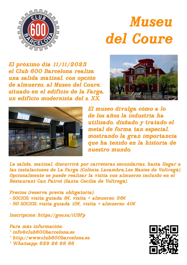 Club600BCN's tweet photo. No os perdáis nuestra próxima salida!
El próximo día 11 de noviembre visitamos el #MuseuDelCoure. Además, tendremos la opción de disfrutar de un buen almuerzo en el restaurante Can Pairot.
Te esperamos!!!

#Seat600 #Club600Barcelona https://t.co/zWd0UjZAJh