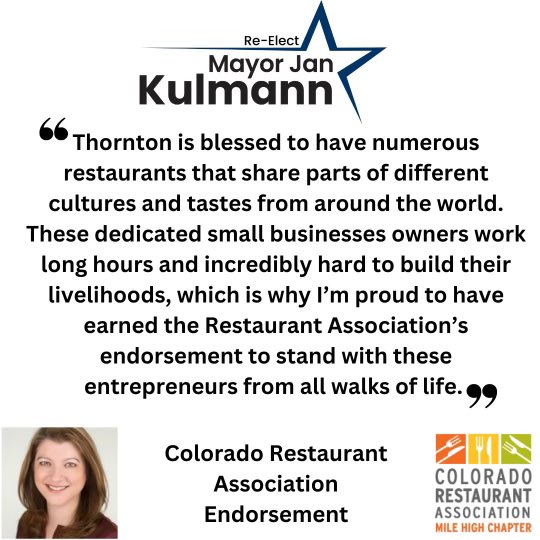 MayorJanKulmann's tweet photo. I’m excited to be endorsed by the Colorado Restaurant Association! We’re working together to support our small businesses and bring more into our community. 

#ProudMayor
#reelectmayorjankulmann https://t.co/nBnM7iq3sx