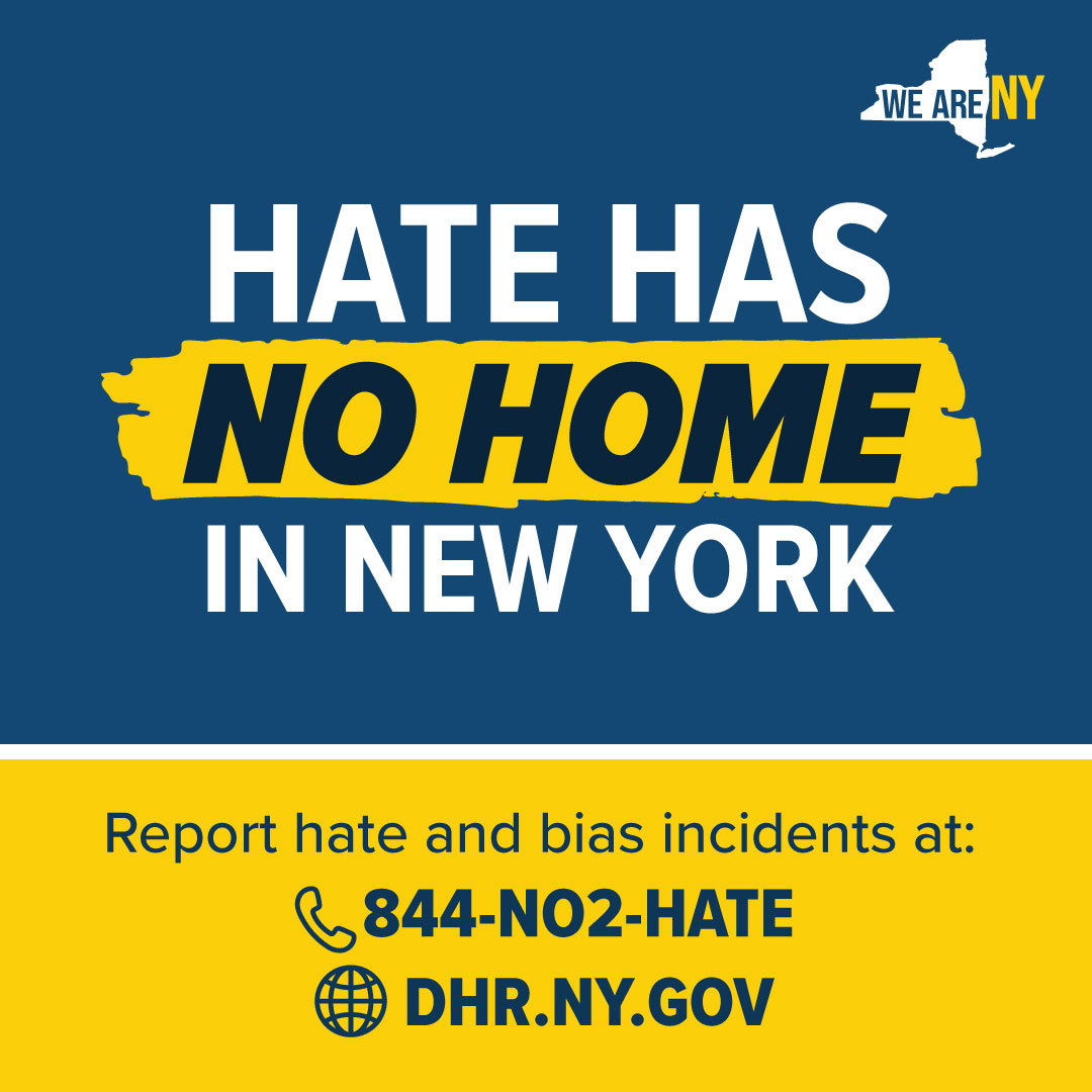 GovKathyHochul's tweet photo. Hate has no home in New York. If you or someone you know has experienced an incident of hate or discrimination, you can now report it to @NYSHumanRights directly. ⤵️ https://t.co/itXRJwaJcp