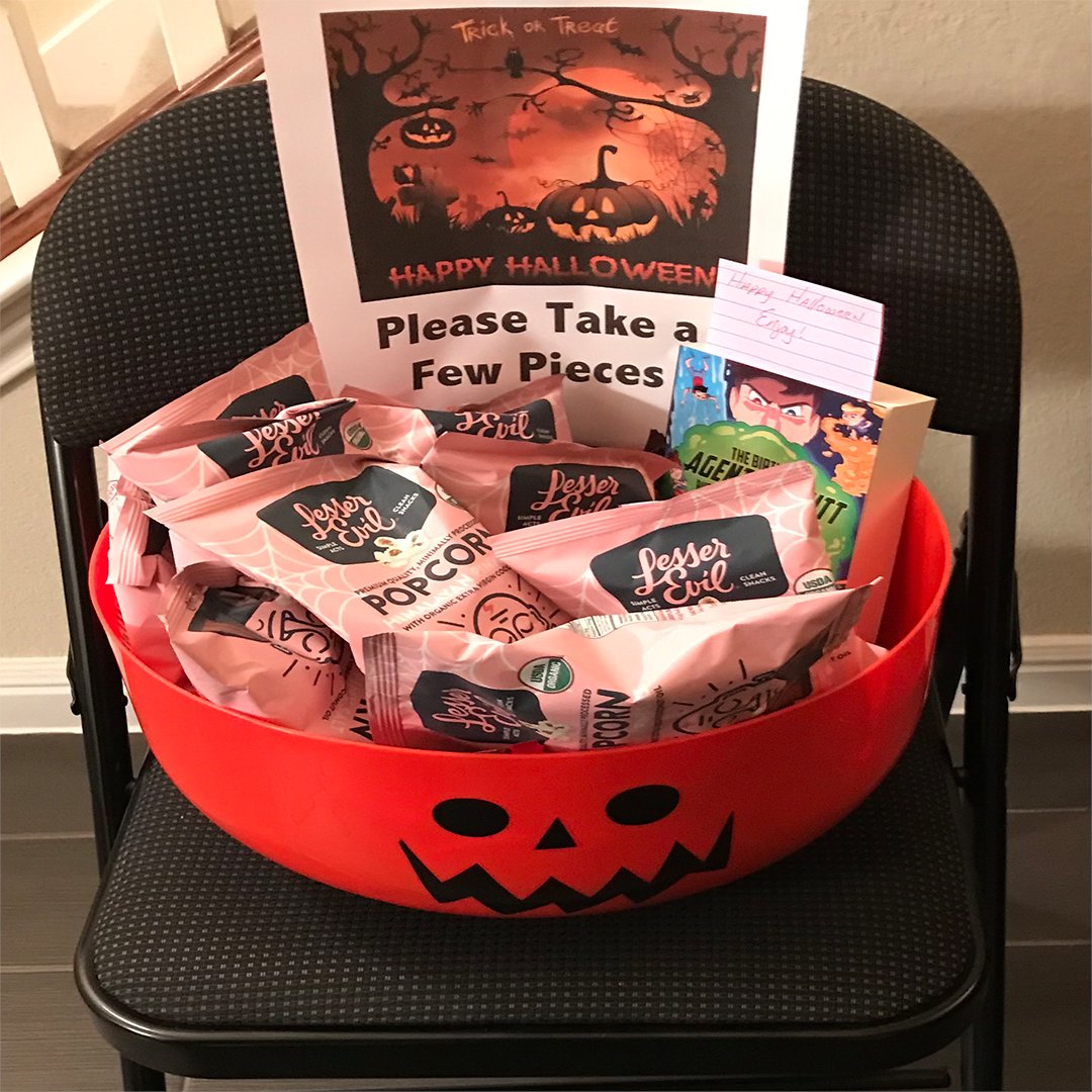 This Halloween we decided to also give out something that last a lot longer than candy. A Tricker or Treater was so excited he grabbed a book along with his treats :-)