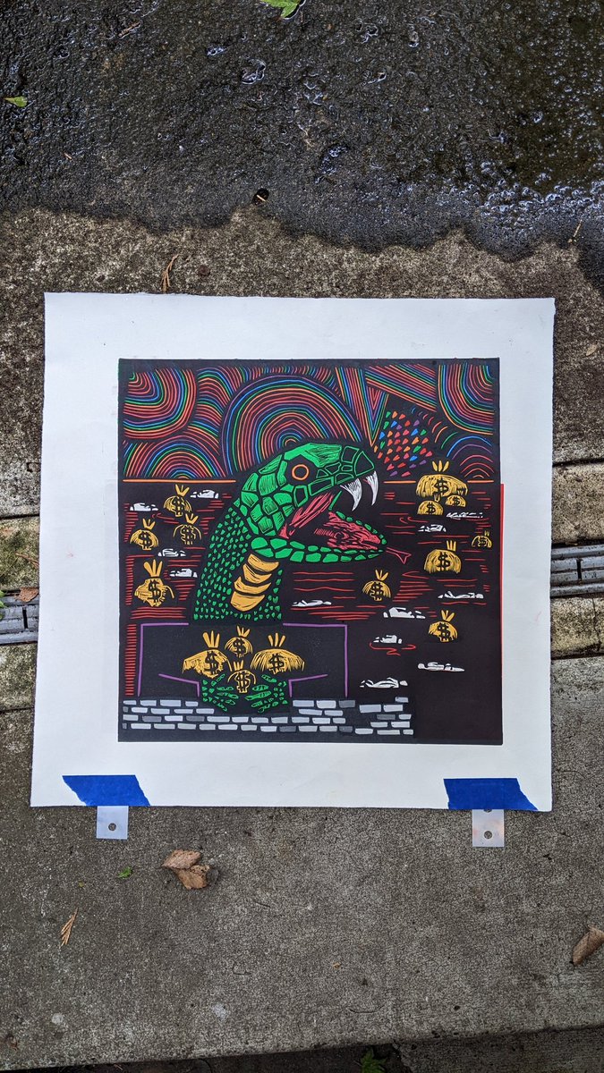 SNAKE
proof print

12x12 printed image
11 colors

colors and some details to be adjusted for printed edition

closer shots in thread 

#printmaking #reliefprint #snakes #art #contemporaryart #linocut